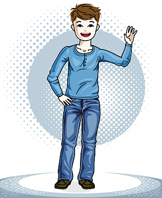 可爱的小男孩少年穿着时尚休闲装站在那里。向量有吸引力的孩子插图。童年生活剪辑艺术。图片下载