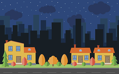 矢量夜城市与三个卡通房屋和建筑。城市空间以道路平坦风格为背景概念。图片下载