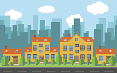 向量城市与卡通房屋和建筑与绿色的树木和灌木。城市空间以道路平坦风格为背景概念。图片下载