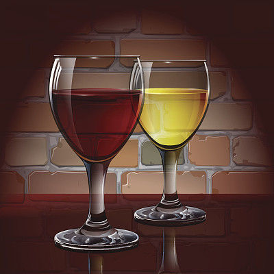 玻璃酒杯配红酒，白葡萄酒，苹果酒。图片下载