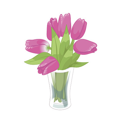 带有粉红色郁金香的透明玻璃花瓶。矢量平面插图。孤立在白色背景上。图片下载