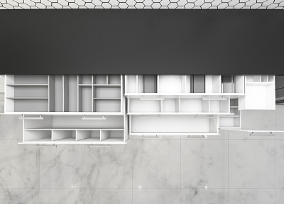 开放式橱柜厨房理念，3D渲染模型概念设计插图图片下载