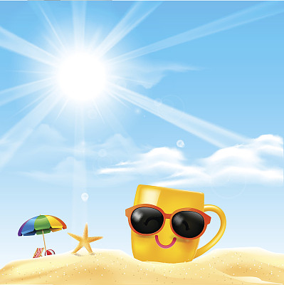 快乐的微笑黄色马克杯卡通在海滩与蓝天和阳光效果与复制空间暑假概念矢量插图eps10图片下载
