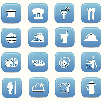 食物和饮料图标，蓝色版本，向量图片下载