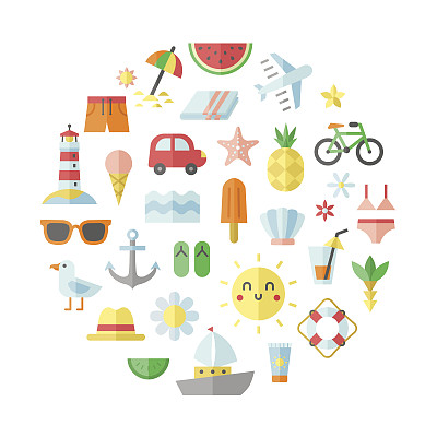夏季海滩扁平矢量圆形插画素材图片