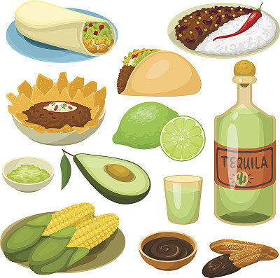 墨西哥传统食物餐盘孤立午餐酱墨西哥菜矢量插图素材图片