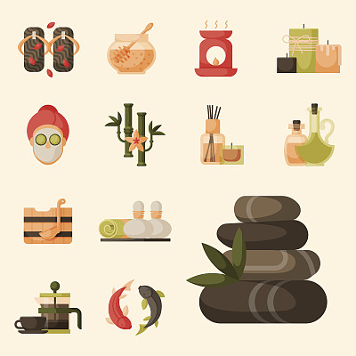 美丽的女人水疗治疗的矢量插图，美容程序健康的图标图片下载