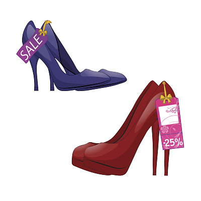 两双贴有折扣标签的高跟鞋。销售标签。孤立在白色背景上。矢量图图片下载
