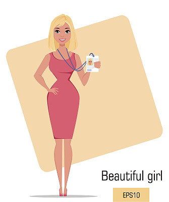 卡通的女商人。美丽的金发女士穿着时尚的服装显示徽章。矢量插图。EPS10图片下载