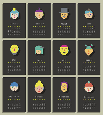 2015年日历，不同的搞笑面孔。向量。孤立的图片下载