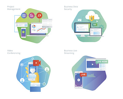项目管理、商务数据安全、视频会议、商务直播等素材设计图标集图片下载