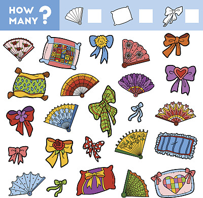 儿童数数游戏。数一数有多少枕头、扇子、蝴蝶结，写下结果!素材图片
