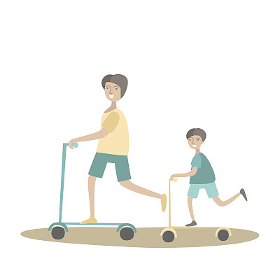 父亲和儿子骑摩托车。家庭运动和儿童体育活动，共同积极的娱乐活动。矢量插图在平面风格，孤立在白色。图片下载