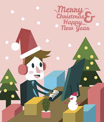 圣诞商人愉快地在办公桌前工作。图片下载