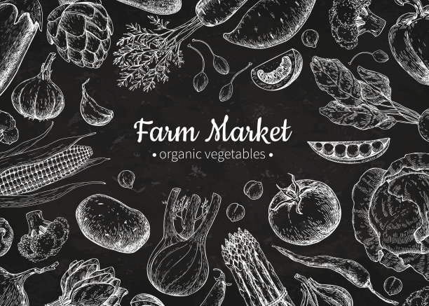 蔬菜黑板手绘复古矢量插图。农业市场的海报。图片下载