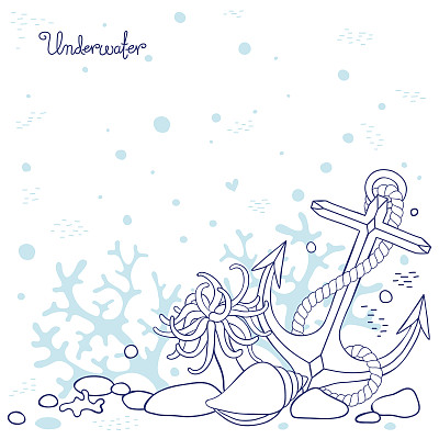 背景水下海床有岩石，珊瑚，贝壳，锚图片下载