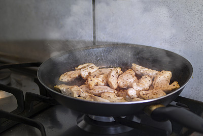 炉子上的锅里的鸡肉素材图片