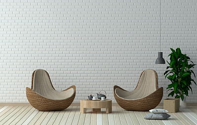 客厅扶手椅3D插图和白色墙壁简单的家具设置室内设计图片下载