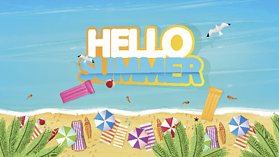 你好夏季航拍的夏季海滩在逼真的矢量风格。图片下载