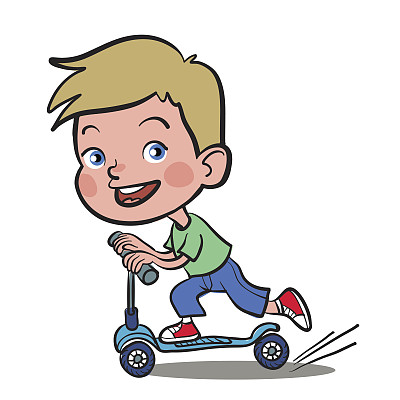 快乐的小欧洲男孩踢踏板车 男孩在户外骑滑板车。 男孩在户外骑滑板车。图片下载