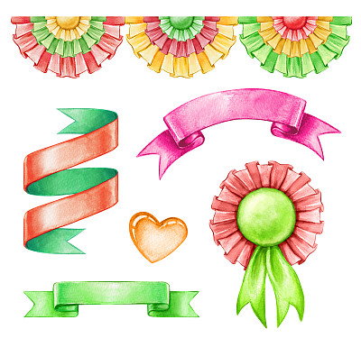 水彩插图，墨西哥节日剪辑艺术，孤立的对象设置，丝带，彩旗，节日民族设计元素图片下载