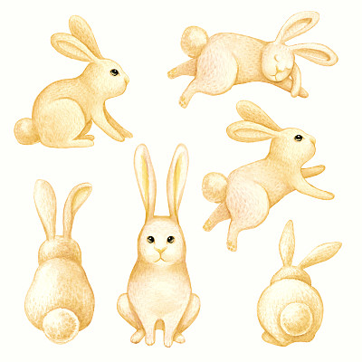 水彩插画，阳光兔子，可爱的黄色兔子，复活节设计元素，动物剪辑艺术收藏图片下载