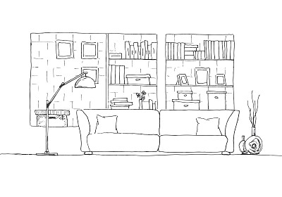 沙发和落地灯。带架子的砖墙。矢量插图的草图风格。图片下载