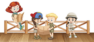 四个孩子在桥上看地图图片下载