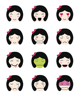可爱的emoji集合。可爱的亚洲女孩面对不同的心情图片下载