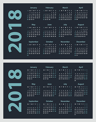 2018年日历从周日和周一开始，矢量日历设计2018年图片下载