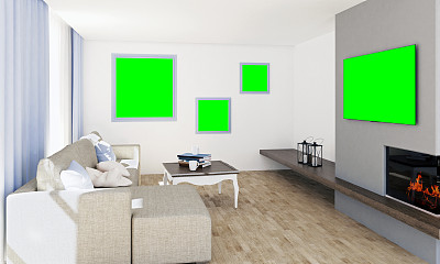 使用绿色屏幕框架的起居室空间的3D渲染图像图片下载