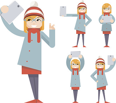 可爱的女孩极客潮人智能手机照片自拍休闲人物图标卡通平面设计矢量插图图片下载