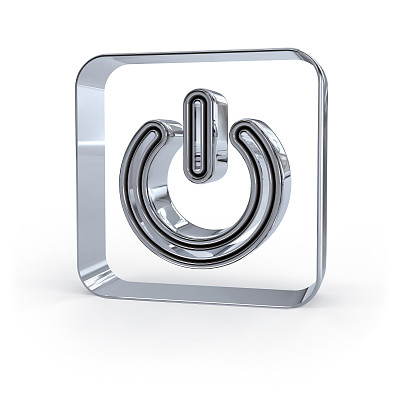 电源图标铬白色背景。三维渲染图片下载