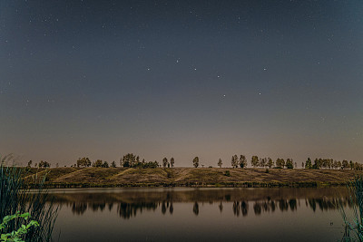 湖面上的星夜。夜空中的北斗七星。素材图片