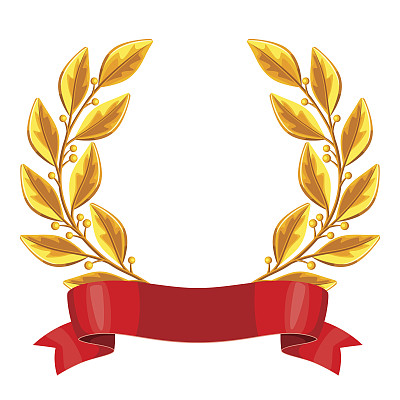 逼真的金色月桂花环与红丝带。体育或公司比赛获奖说明图片下载