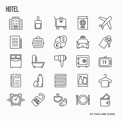 酒店服务、设施在房间内细线图标。矢量插图。图片下载