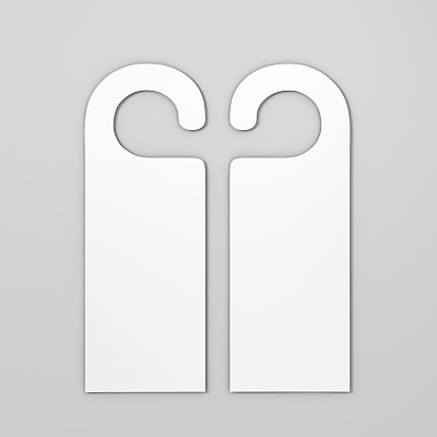 空白的门悬挂传单白色标签的房间在酒店，度假村，家庭孤立在灰色背景的设计模板和模拟。3 d渲染插图。图片下载