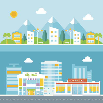 旅游小镇和商业城市插图。平面设计中的城市景观图片下载