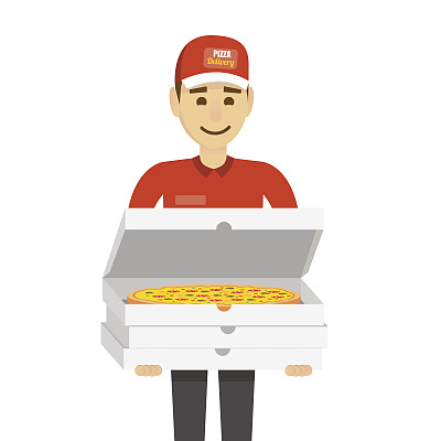 送披萨的送货员。有趣的人物，人孤立在白色。图片下载