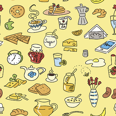 早餐涂鸦彩色矢量无缝图案。图片下载