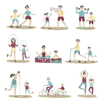 父母和孩子一起在户外做运动和娱乐活动。矢量插图集，孤立在白色。图片下载