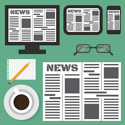 智能手机、平板电脑和电脑显示器上的数字电子在线报纸。眼镜，铅笔，一杯咖啡和一张纸。平面风格矢量插图。图片下载