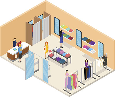 室内服装店等距视图。向量素材图片