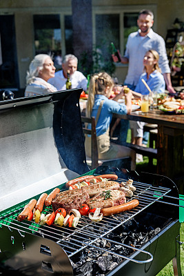 家人一起烧烤。有选择地在烤架上烹调肉类和蔬菜图片下载