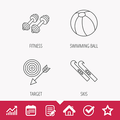运动健身，游泳球和滑雪图标。图片下载