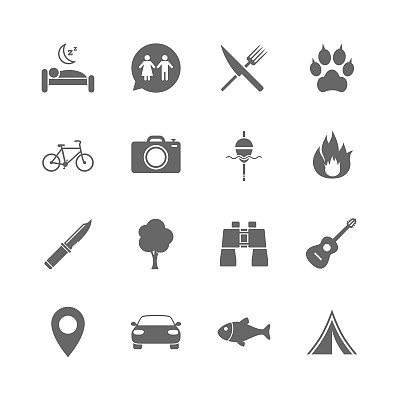 一套旅行，徒步旅行和露营图标。图片下载