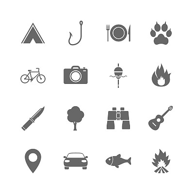 一套旅行，徒步旅行和露营图标。图片下载