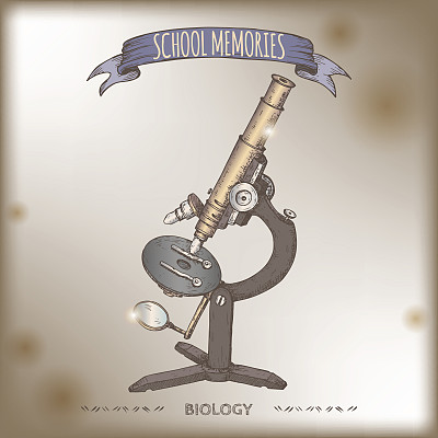 古董显微镜手绘彩色素描放在古董背景上。图片下载