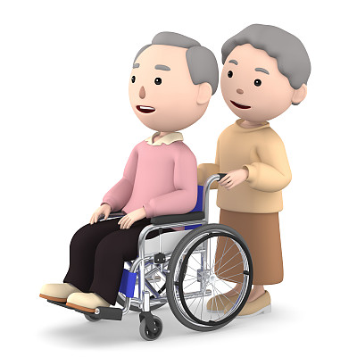 老太太扶着坐在轮椅上的丈夫图片下载