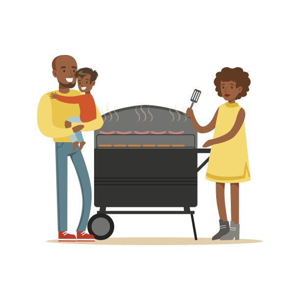 年轻的黑人妇女在烤架上为她的家庭矢量插图烤香肠图片下载